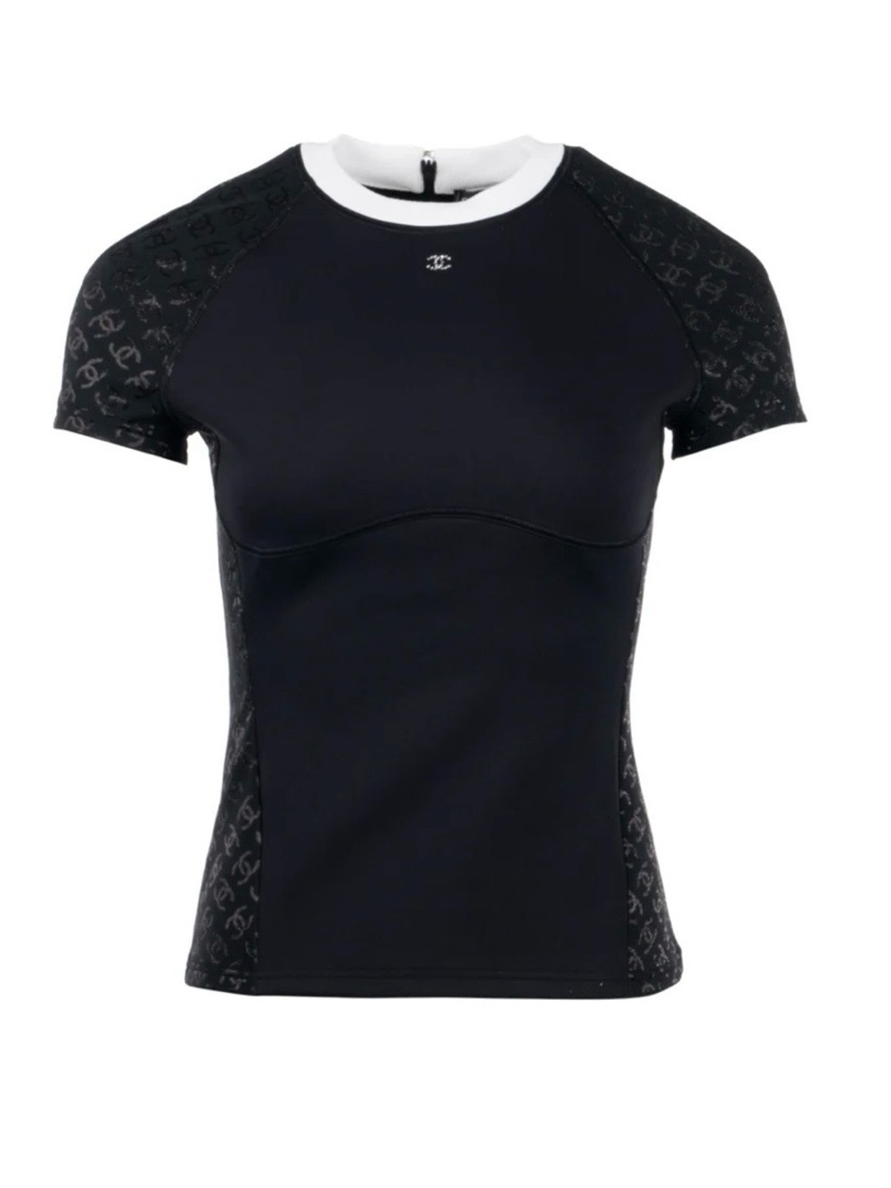 CHANEL Black Short Sleeve Logo-Panel Tee with White Trim